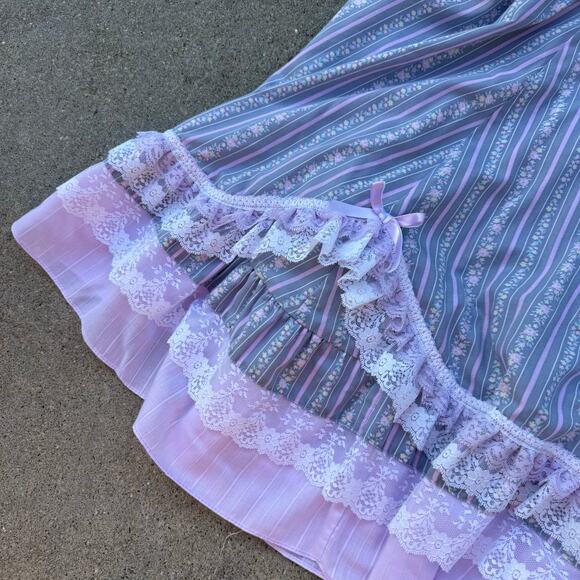 VTG 80s Jeri Bee Purple Calico Stripe Ruffles Lace Circle Square Dance Skirt L - Picture 2 of 6